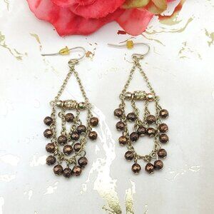 Gold Tone Chain Dangle Drop Chandelier Earrings Beaded Crystal Accents 2.5"